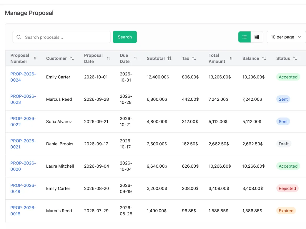 Sales proposals list in ERP Instfy
