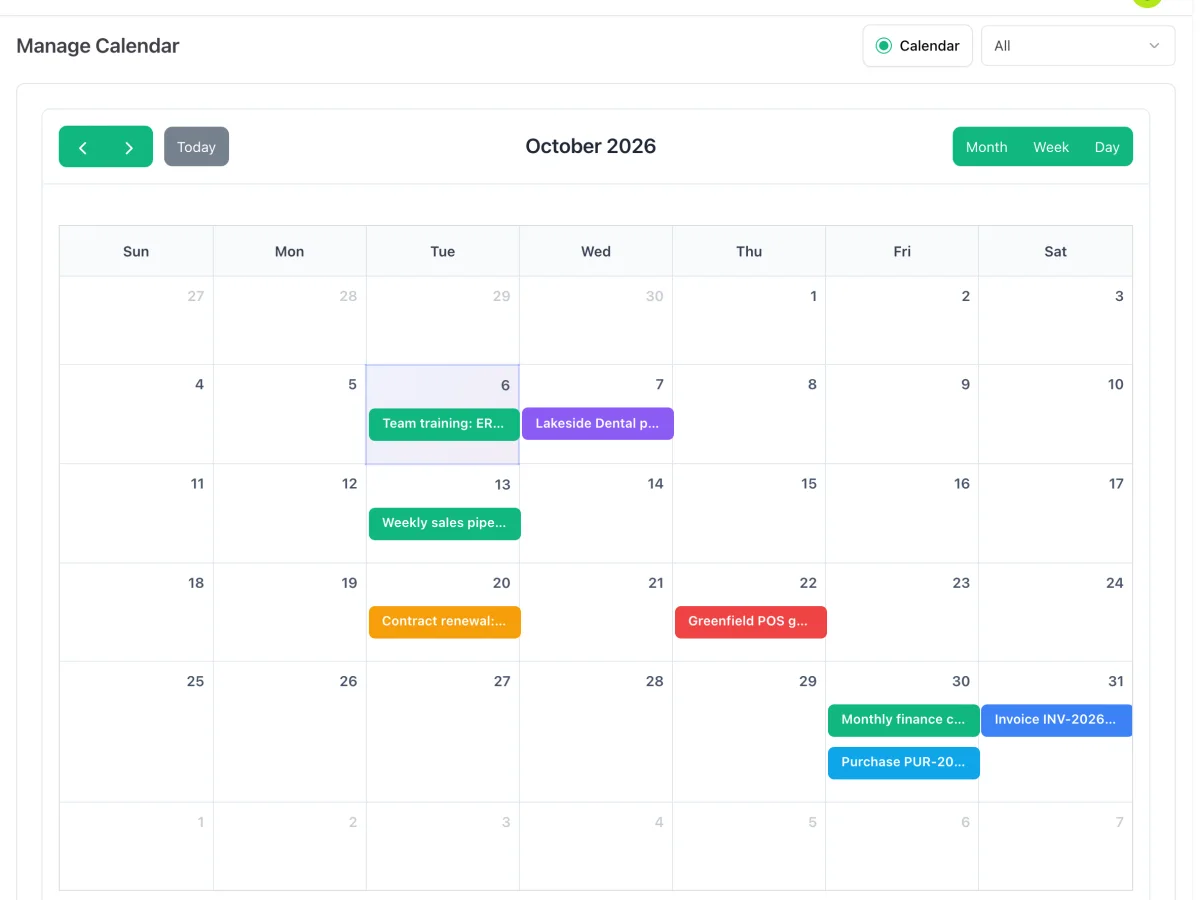 Calendar in ERP Instfy with invoices and meetings
