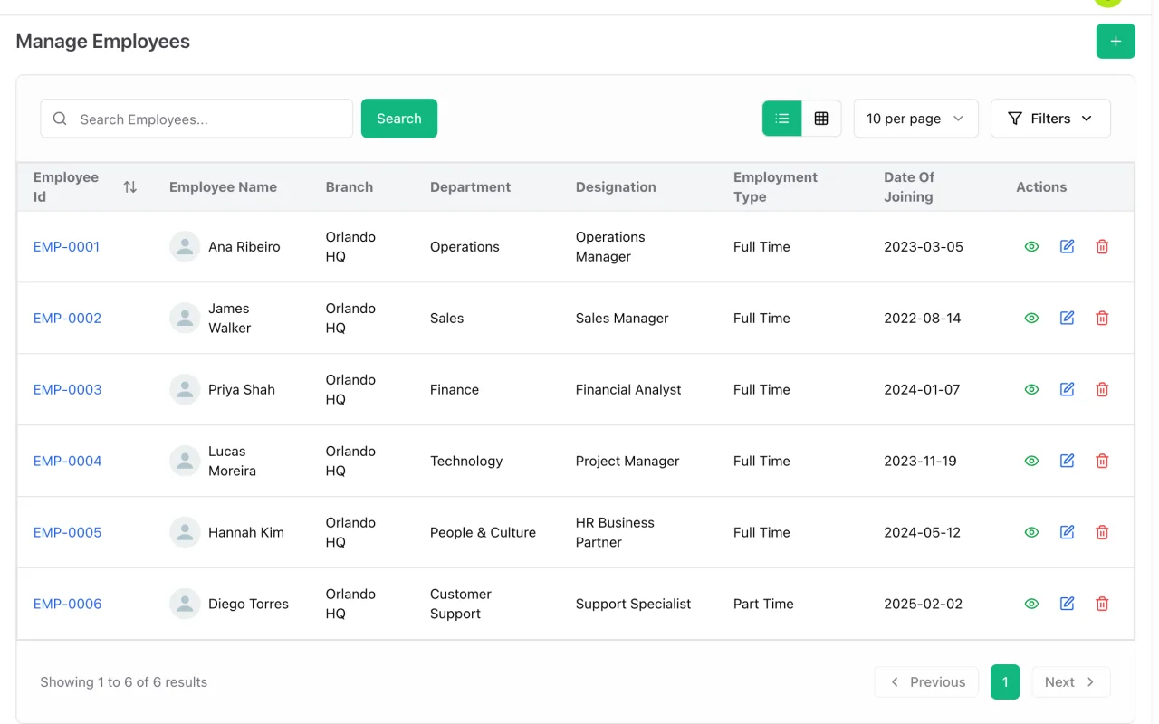 Employee list in ERP Instfy