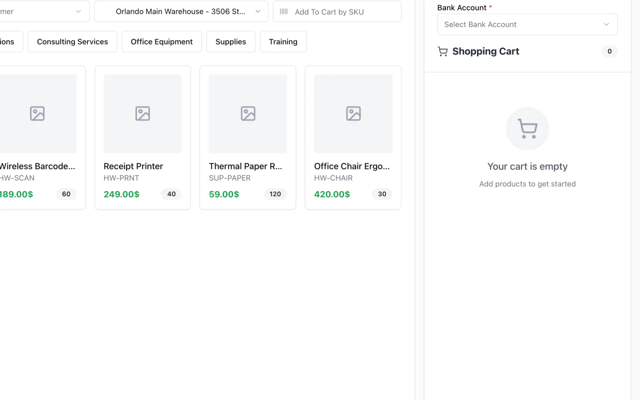 Point of sale screen in ERP Instfy
