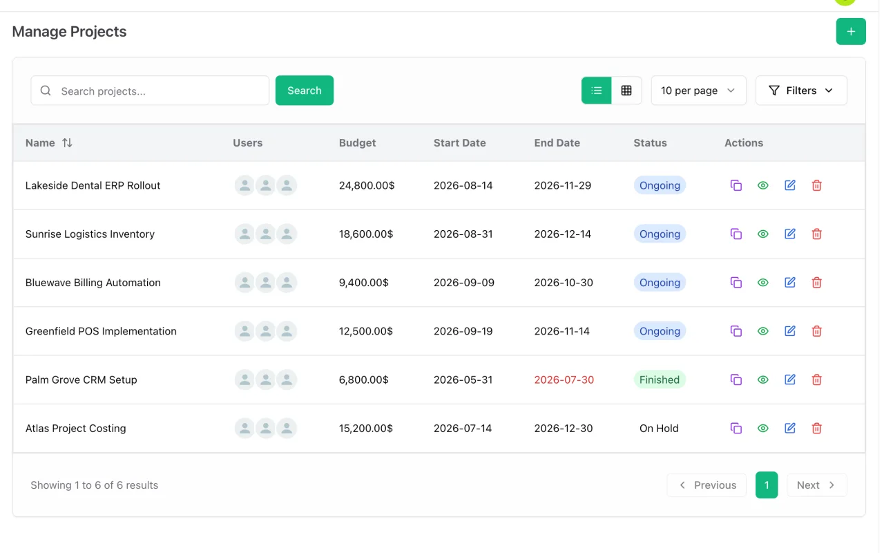 Project list in ERP Instfy