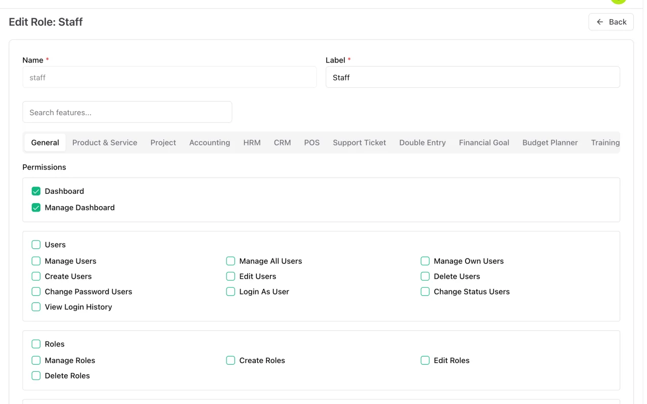 Roles and permissions in ERP Instfy